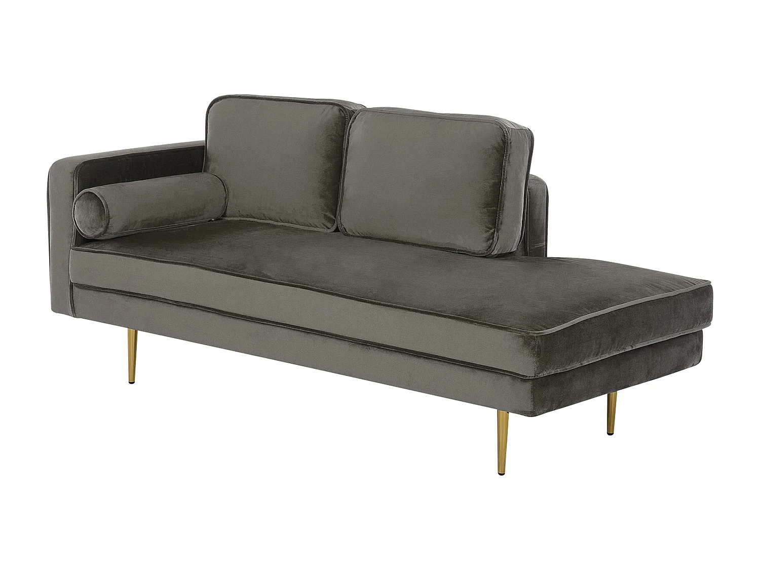 Chaiselongue Samt grau taupe links goldenes Gestell mit Nackenrolle Miramas