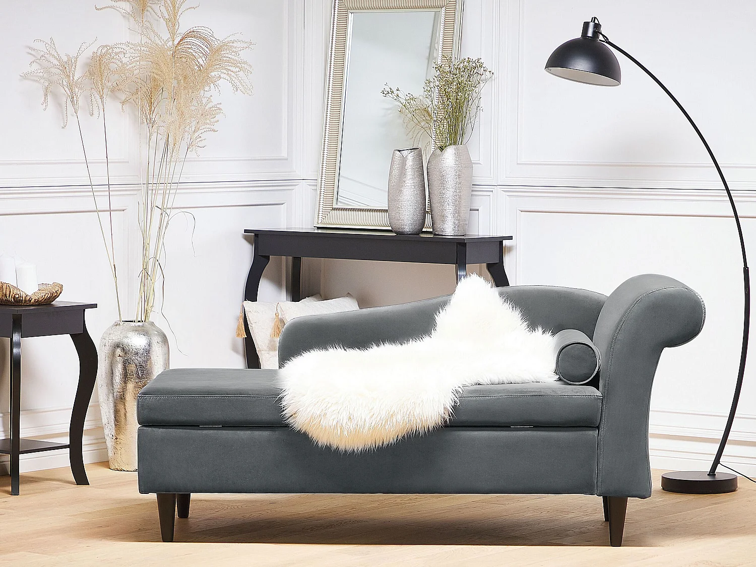 Rechtszijdige chaise longue LUIRO Fluweel Lichtgrijs met opbergruimte