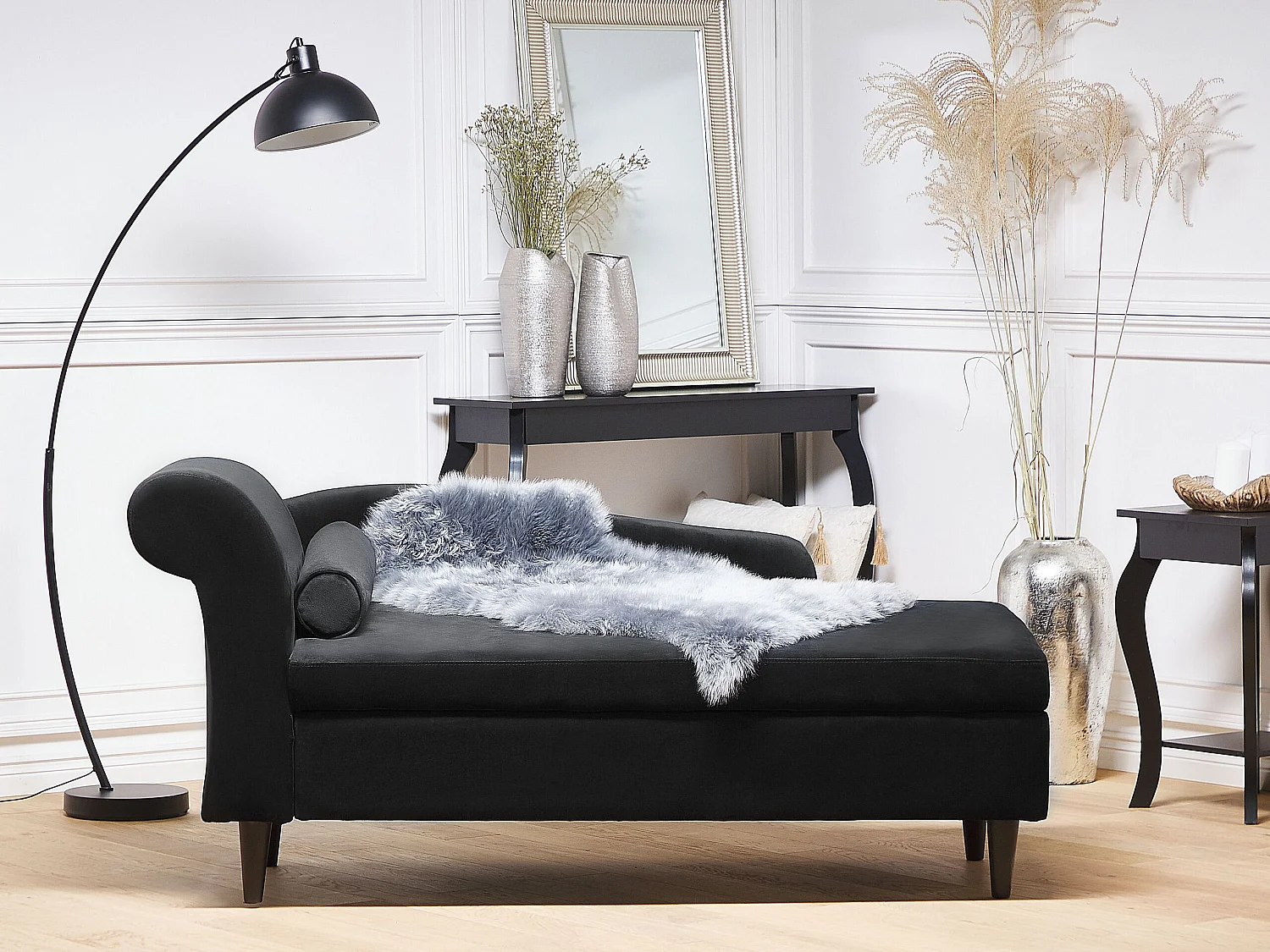Chaise longue côté droite LUIRO Velours Noir avec rangement