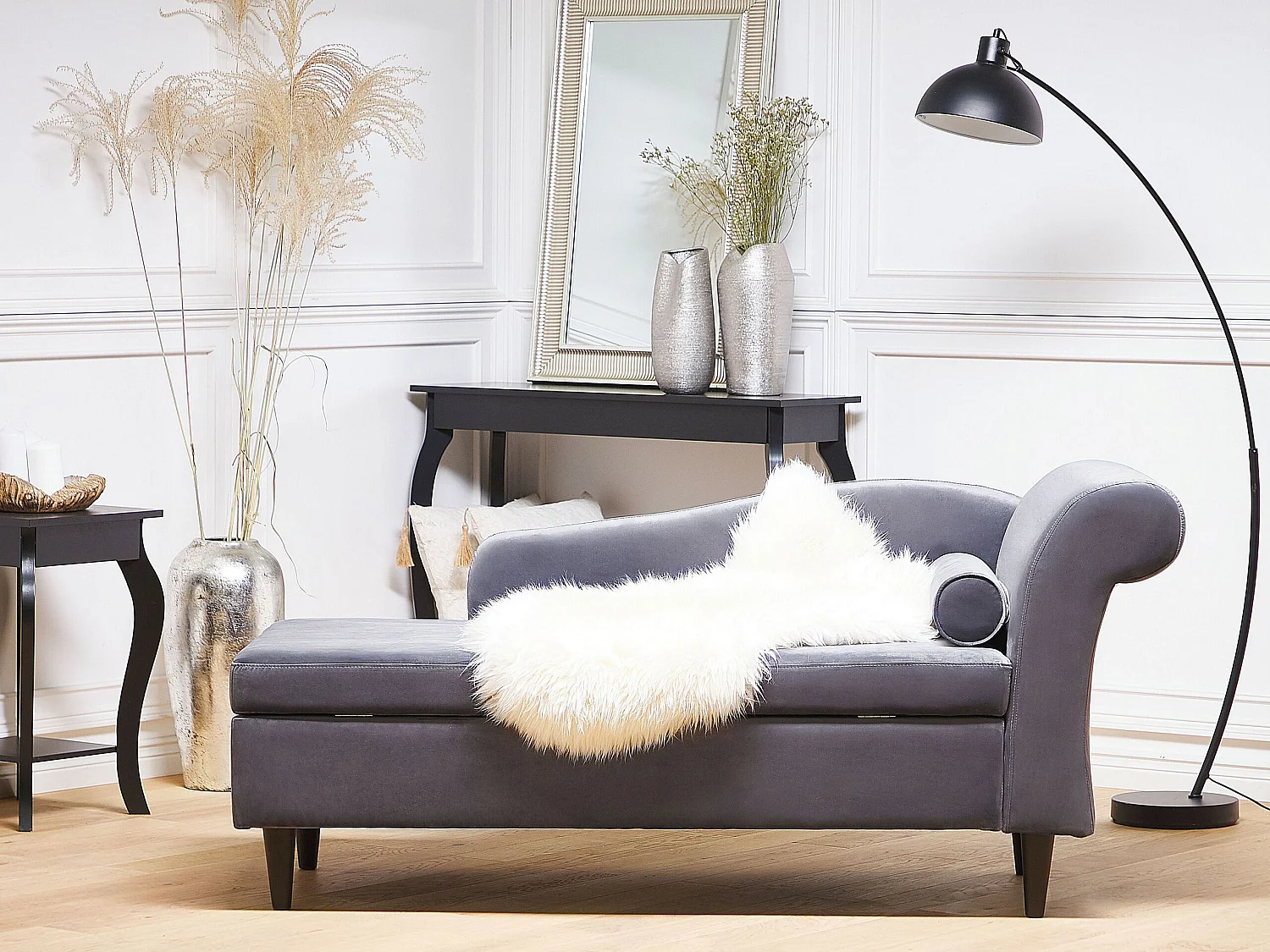 Chaise longue côté droit LUIRO Velours Gris foncé avec rangement