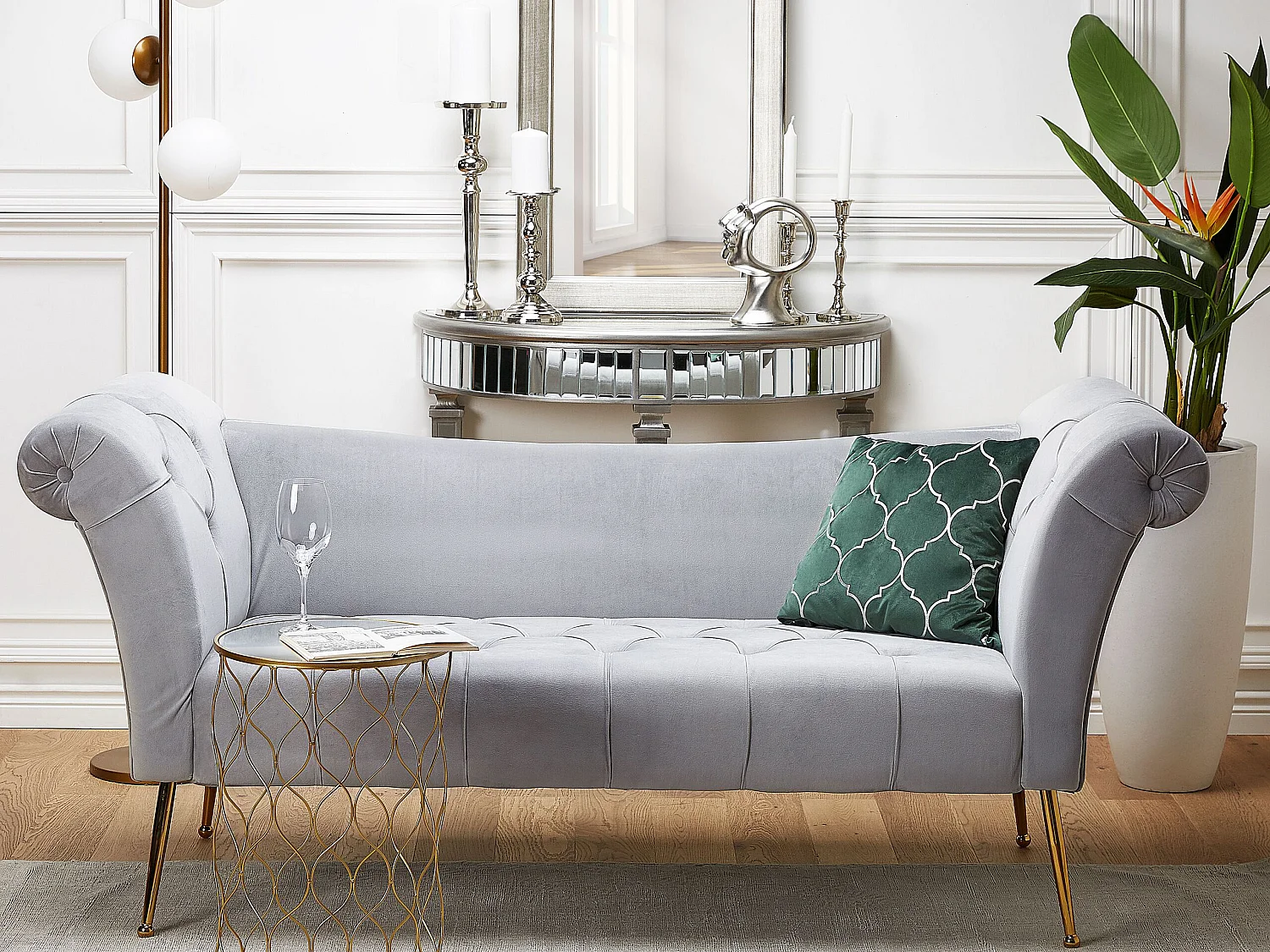 Chaiselongue NANTILLY Samtstoff Hellgrau