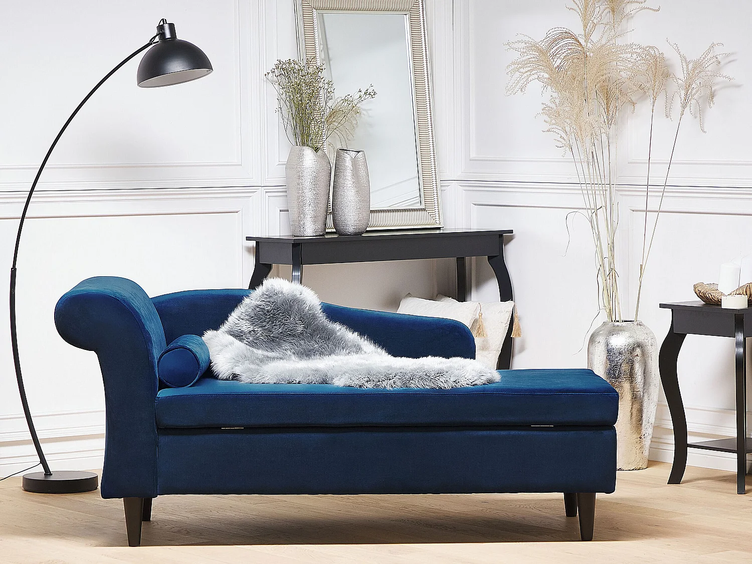 Chaise longue côté droite LUIRO Velours Bleu marine avec rangement