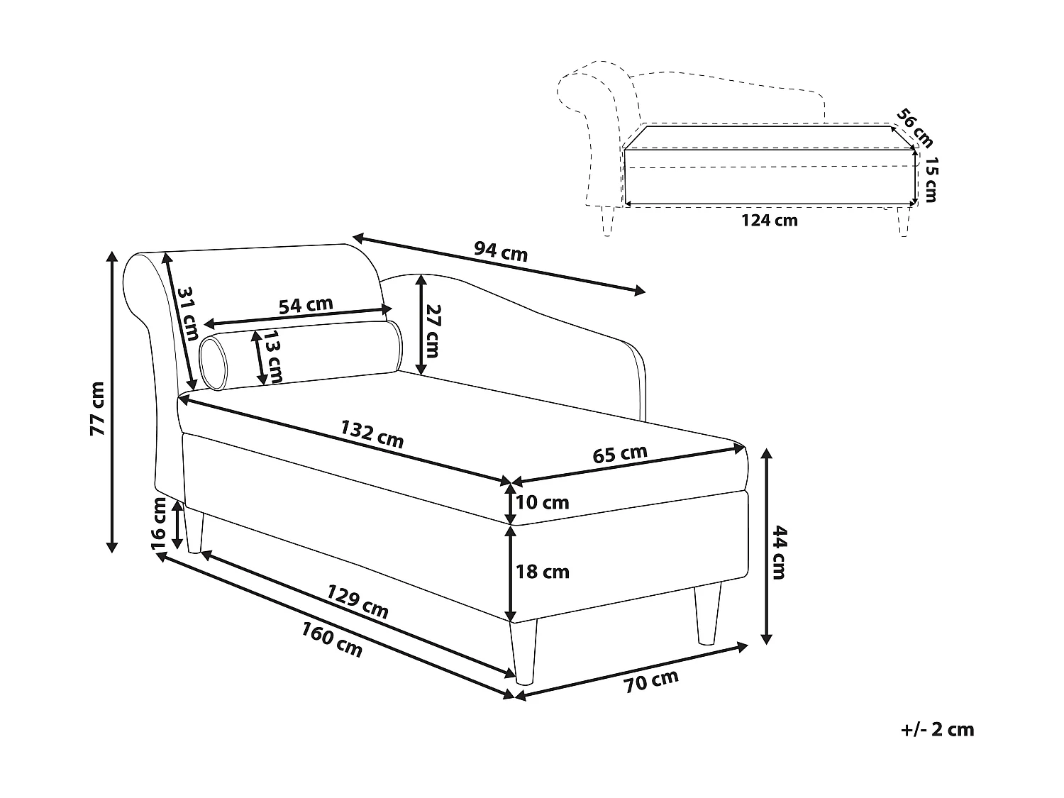 Chaise longue fluweel lichtgrijs linkszijdig LUIRO