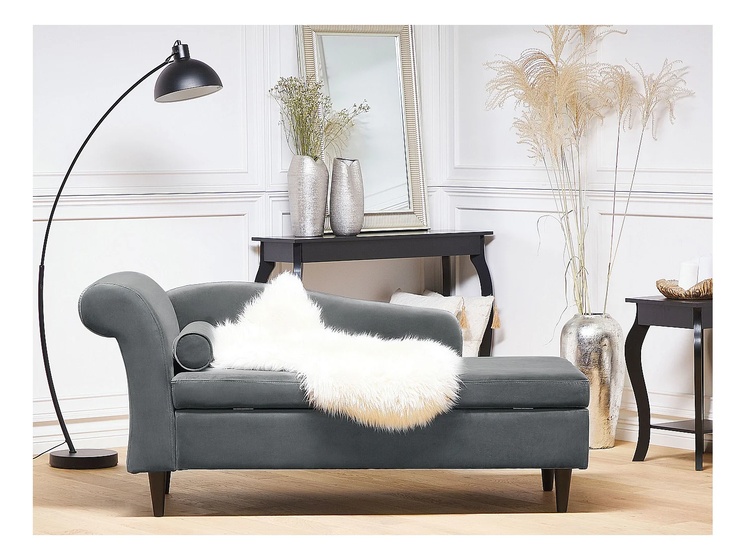 Chaise longue côté droite en velours gris clair LUIRO