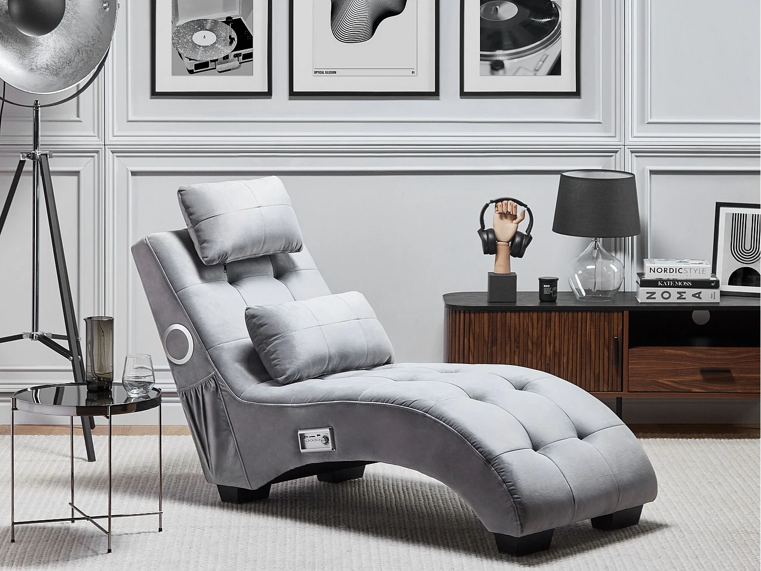 Chaise longue SIMORRE Velluto Grigio con altoparlante Bluetooth integrato