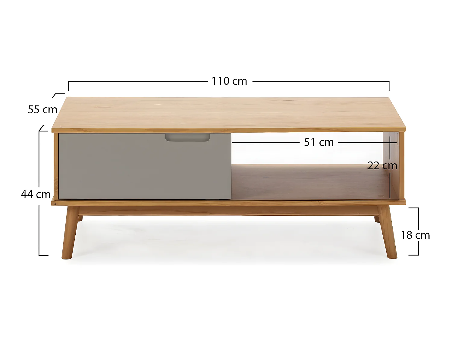 Salontafel Bruce met 1 schuifdeur en 1 open vak, massief hout
