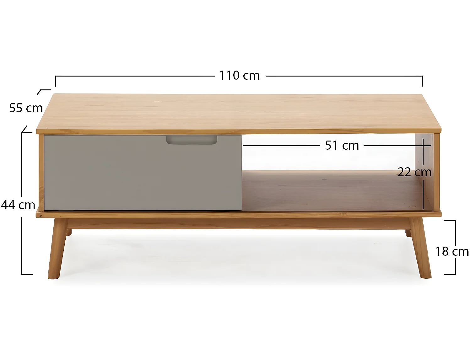 Table Basse 1 Porte Bruce Coulissante et 1 Creux, Bois Massif, Longueur 110 cm