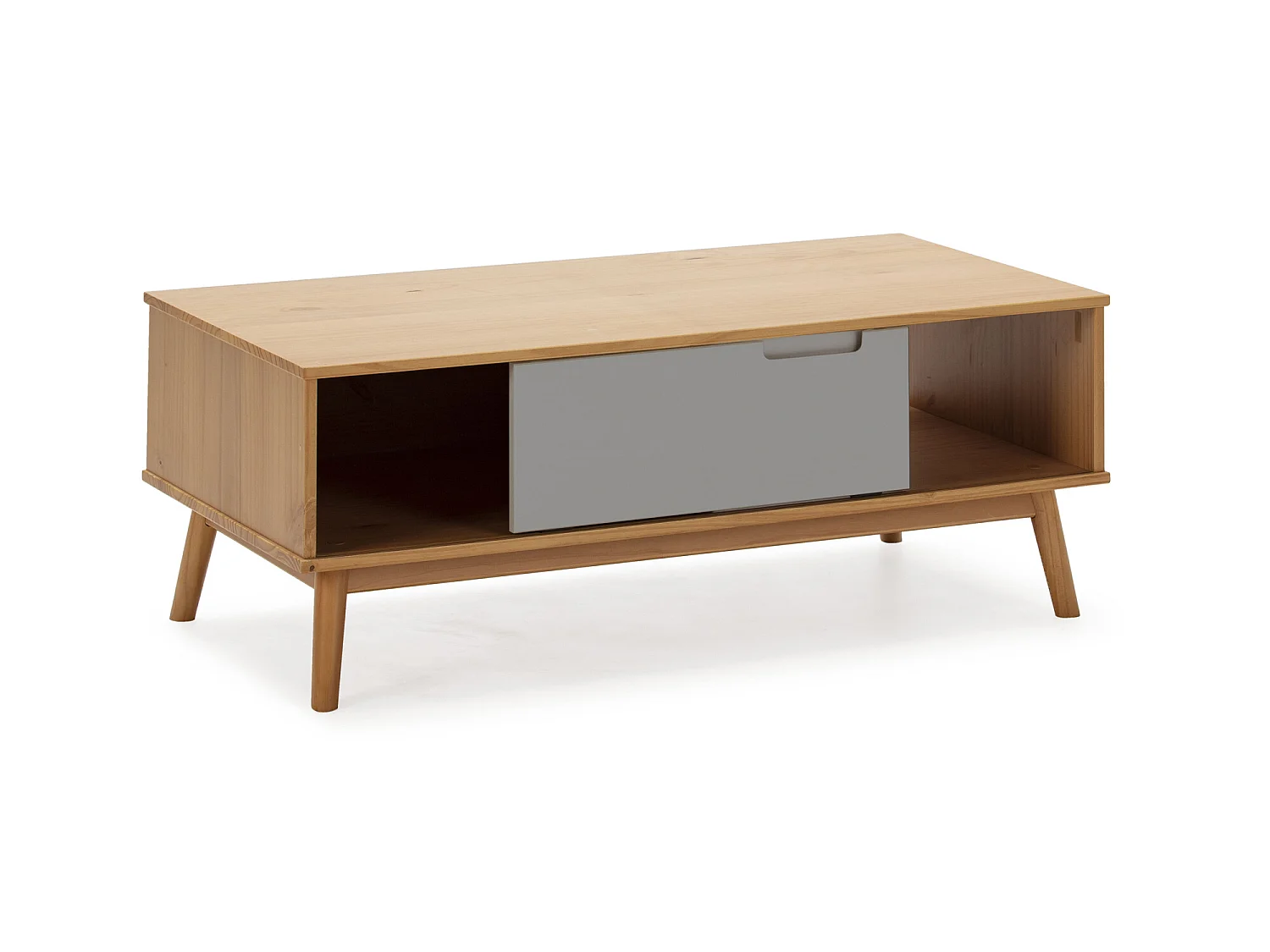 Table Basse 1 Porte Bruce Coulissante et 1 Creux, Bois Massif, Longueur 110 cm