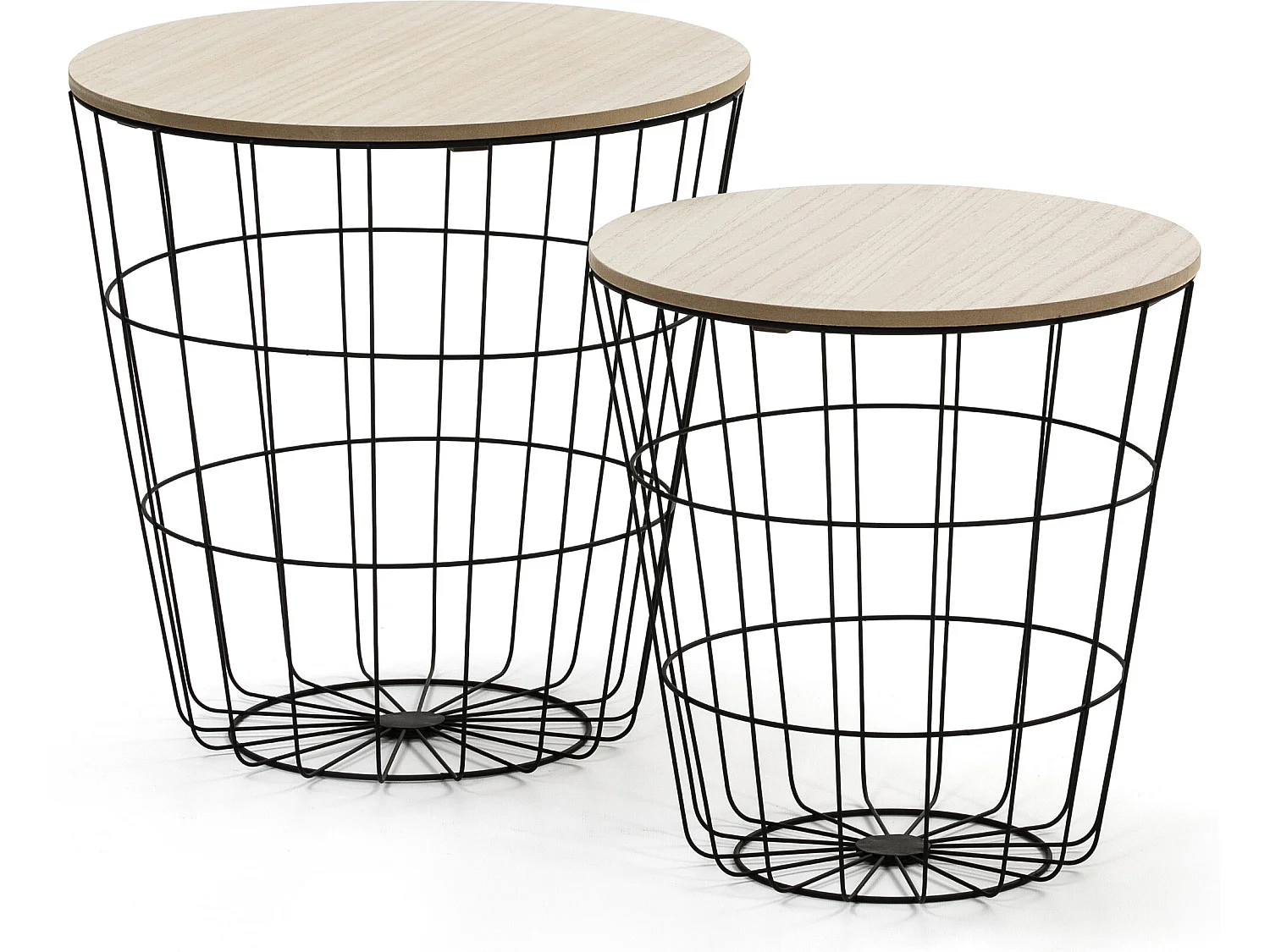 Ik speel 2 Everest salontafels met een natuurlijke houten blad en een metalen frame in het zwart.