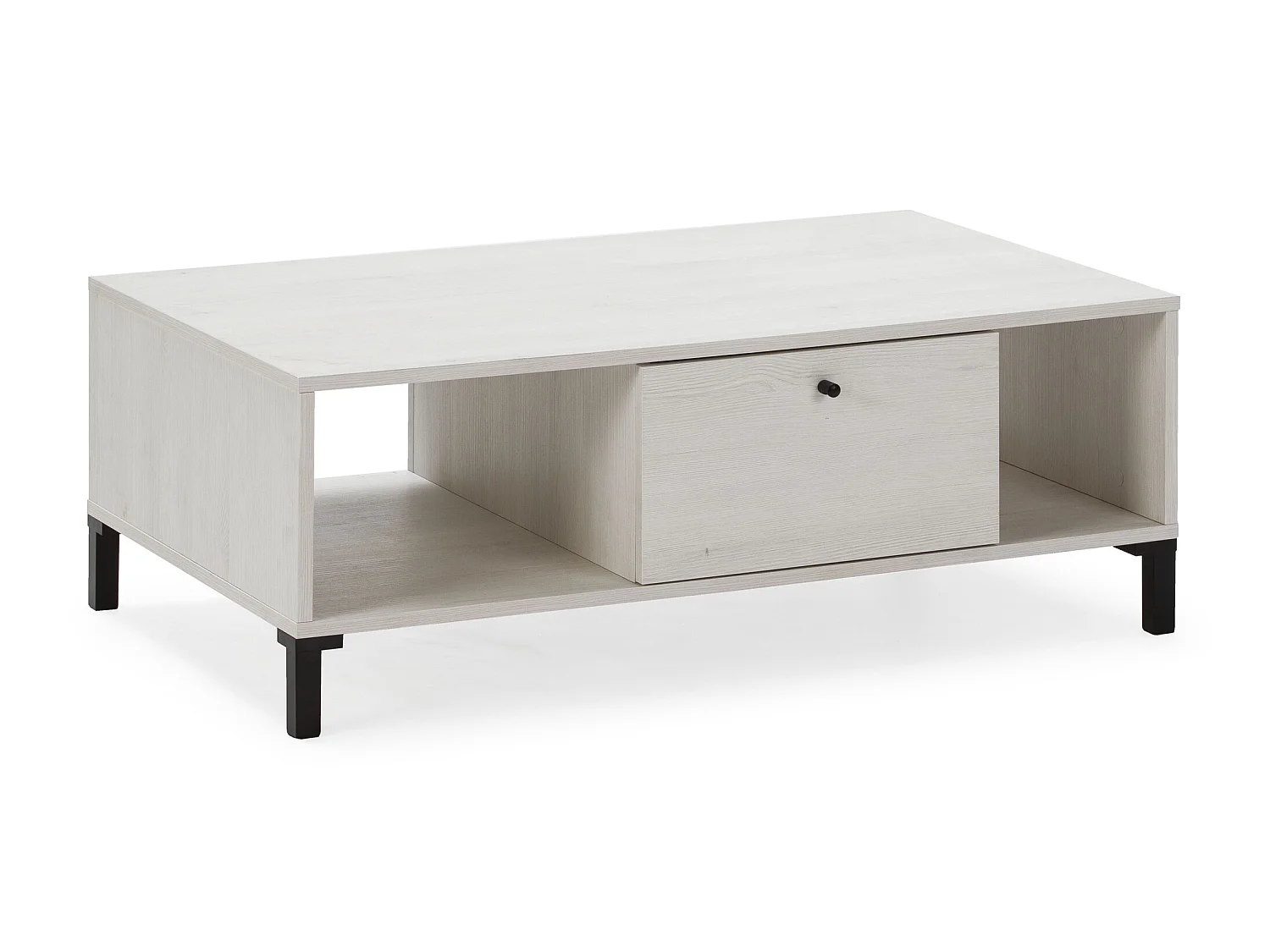 Table Basse Javea 1 tiroir et 2 niches, Couleur Blanc et Bois, 100 cm Largeur
