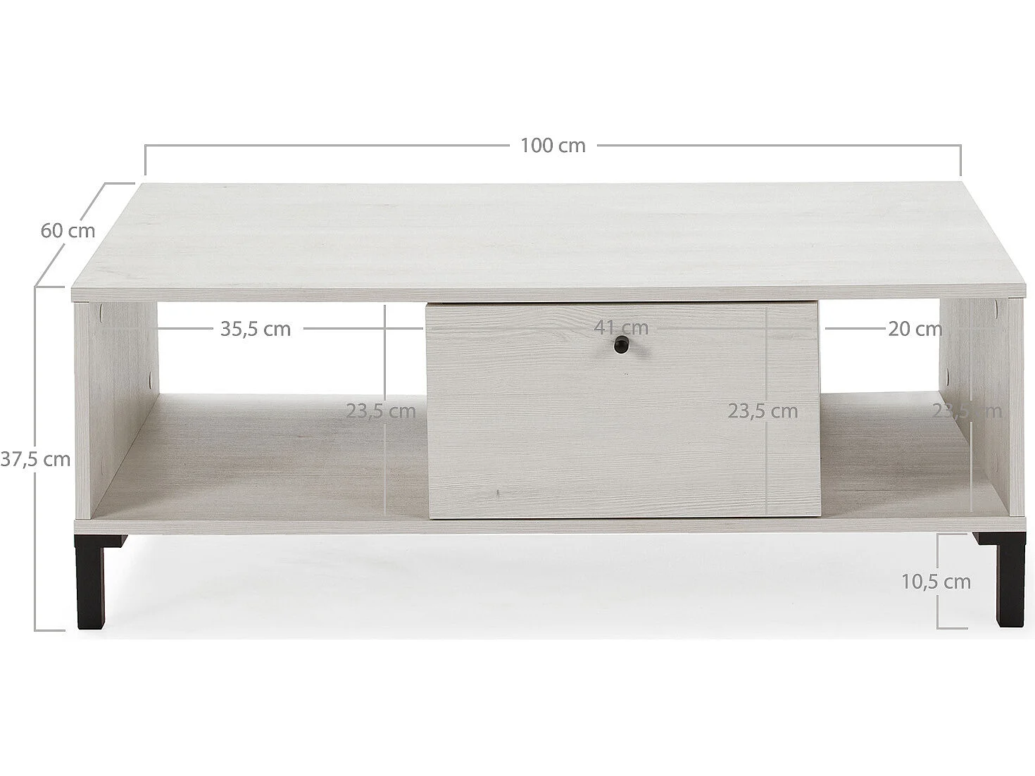Tavolino da caffè Javea 1 cassetto e 2 Ripiani, Color Bianco e Legno, 100 cm (Larghezza) 60 cm (profonditá) 37,5 cm (Altezza)