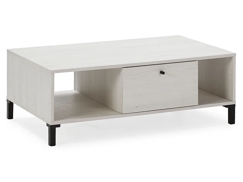 Stolik kawowy Colummn Javea z 1 szufladą i 2 półkami, kolor biały i drewno, szerokość 100 cm.