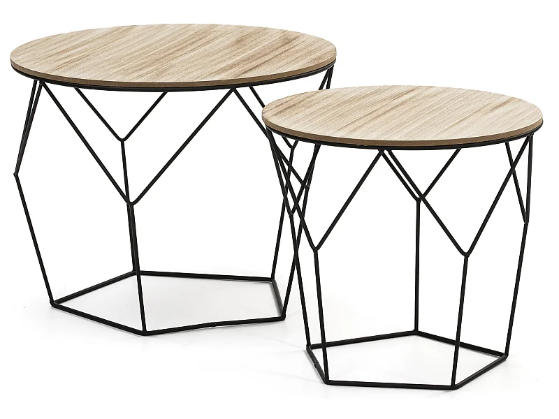 Ik speel 2 salontafels Tokio met een natuurlijke houten blad en een metalen structuur in het zwart.