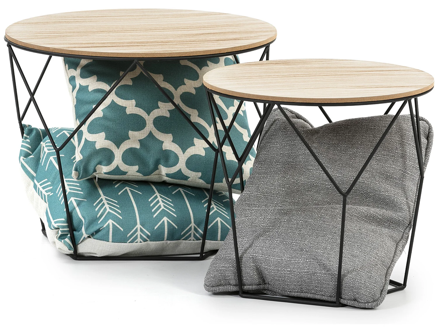 Coppia di tavolini da caffè Tokio con ripiano in Legno Naturale e Struttura in Metallo Nero