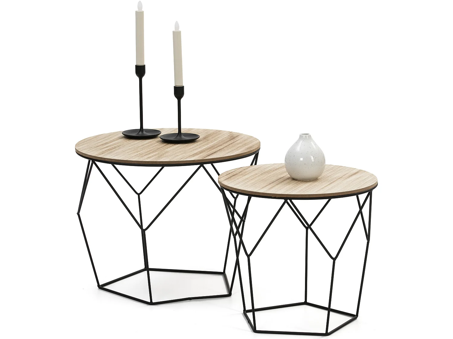 Ik speel 2 salontafels Tokio met een natuurlijke houten blad en een metalen structuur in het zwart.