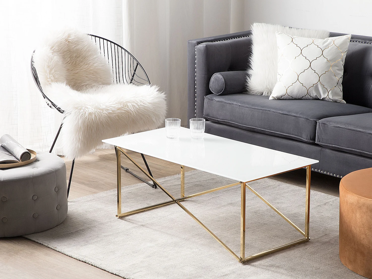 Couchtisch Glasplatte in Weiß und Edelstahlgestell silber 100 x 50 cm Glamour Wohnzimmer Kaffetisch Emporia