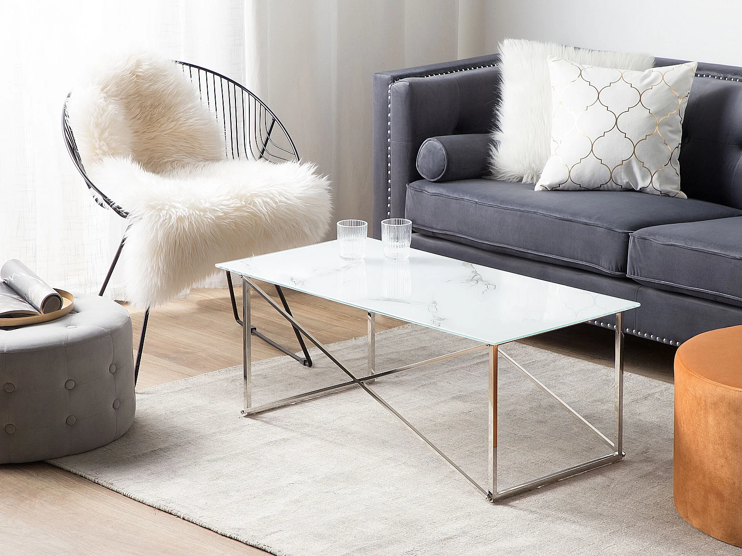 Couchtisch EMPORIA Sicherheitsglas Marmor Optik / Silber
