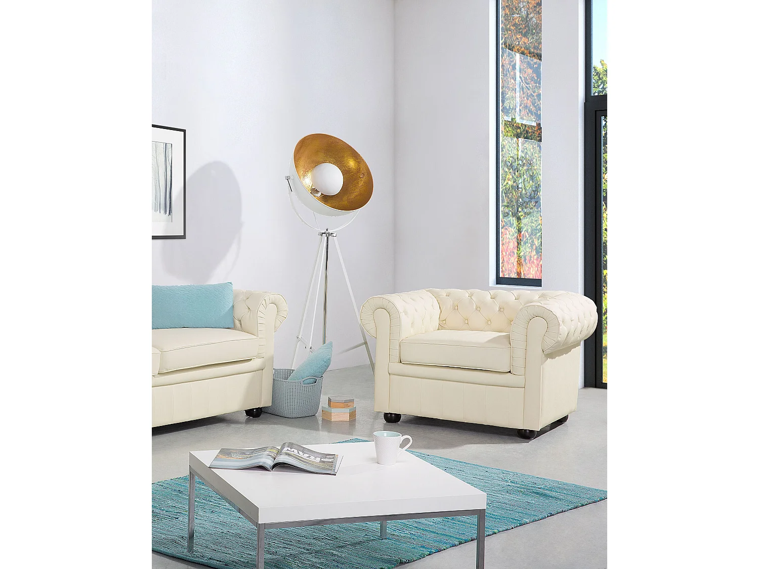 Retro Sessel englischer Stil Echtleder creme / beige Chesterfield