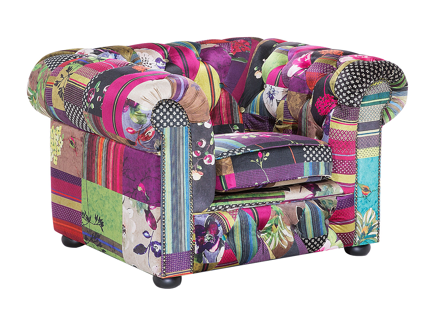 Poltrona Design Kaleidos-F In Tessuto Patchwork Multicolore - Gambe Legno Rovere - 74x84x70 Cm