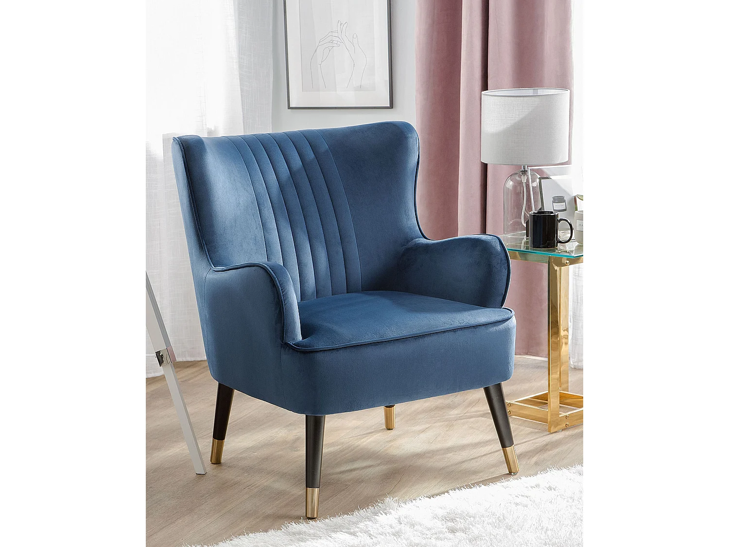 Fauteuil à oreilles VARBERG Velours Bleu foncé