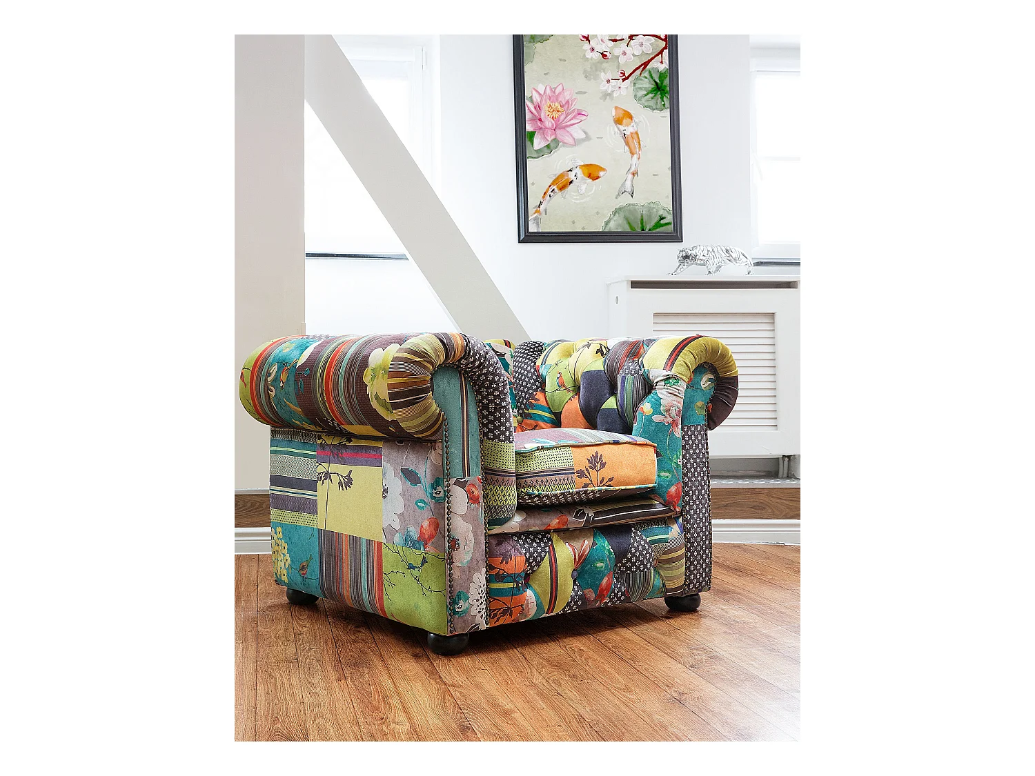 Sessel englischer Stil Polsterbezug Patchwork bunt grün gelb Chesterfield