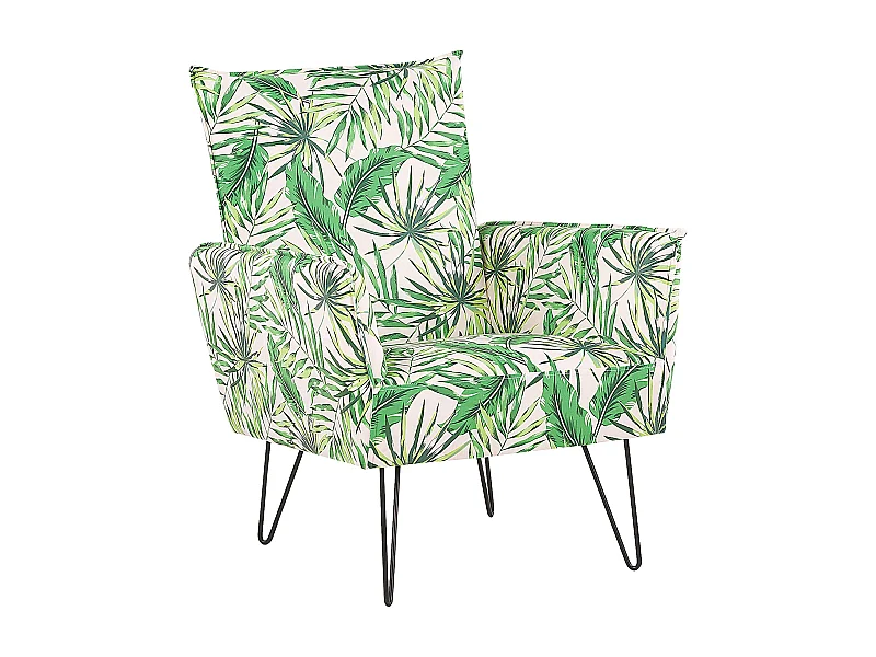 Retro Sessel Polsterbezug schwarze Füße grün/weiß Blattmuster Ribe