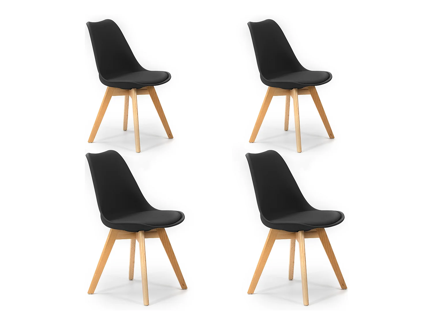 Set van 4 stoelen Klara Zwart, Houten Poten en Gewatteerde Zitting