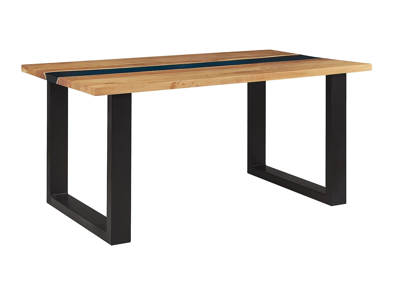 Table à manger en bois avec résine époxy bleue et pieds noirs 160 x 90 cm RIVIERE