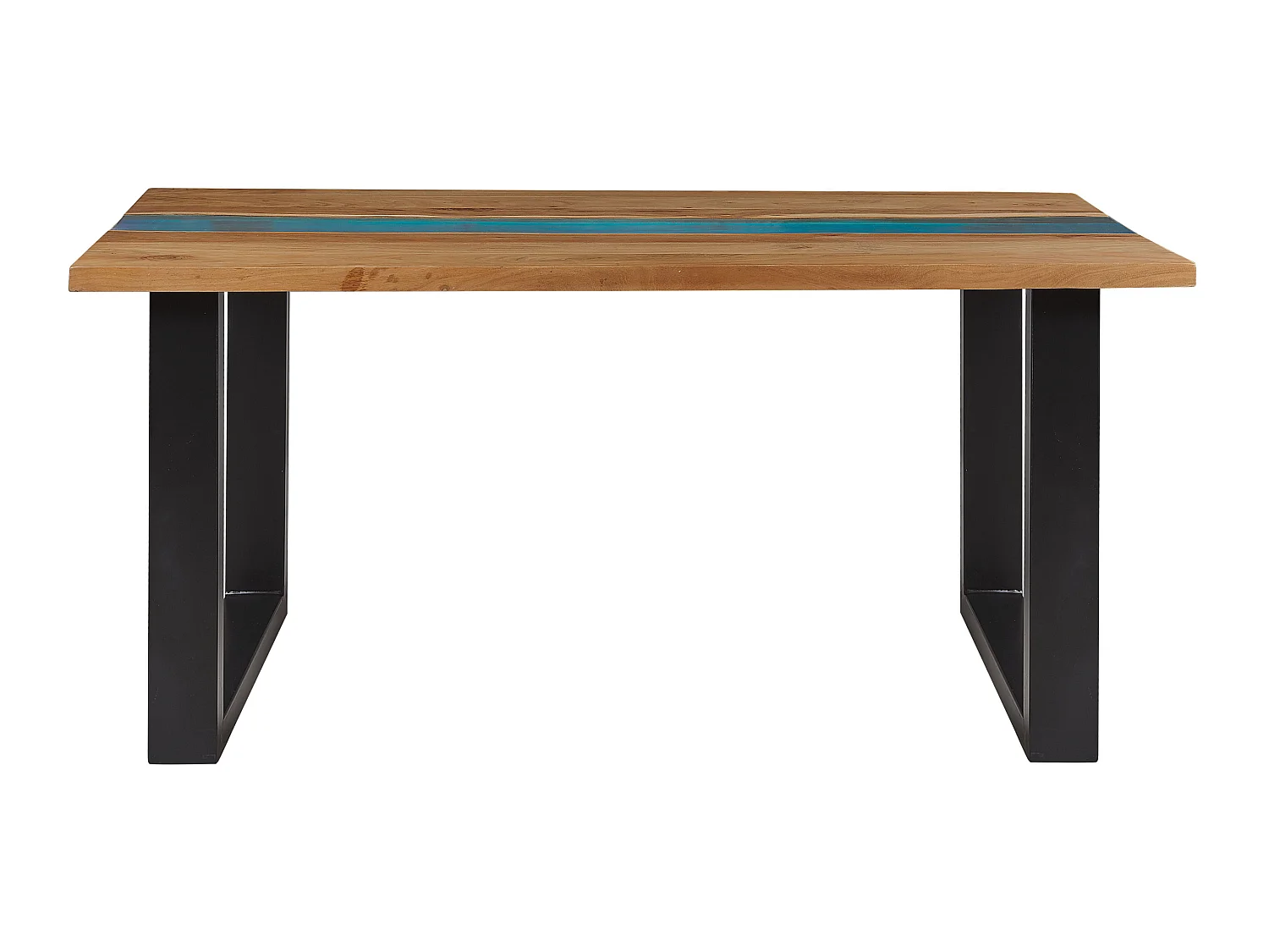 Table à manger en bois avec résine époxy bleue et pieds noirs 160 x 90 cm RIVIERE