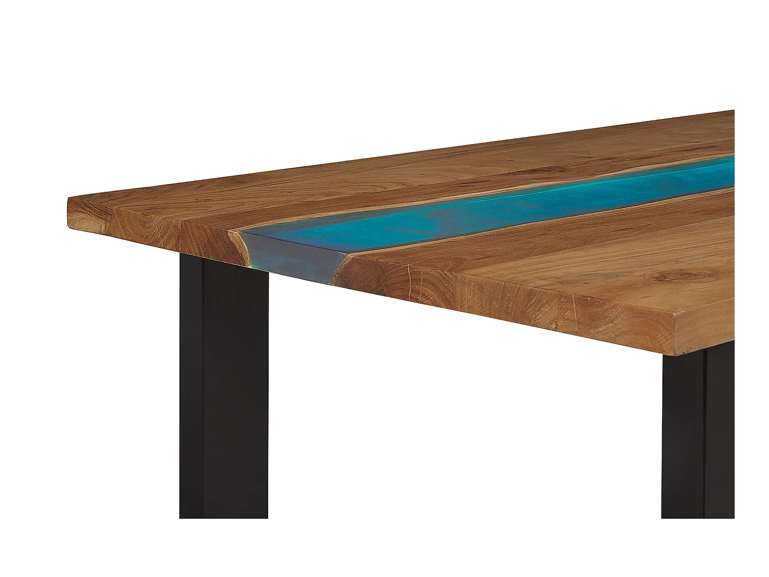 Table à manger en bois avec résine époxy bleue et pieds noirs 160 x 90 cm RIVIERE