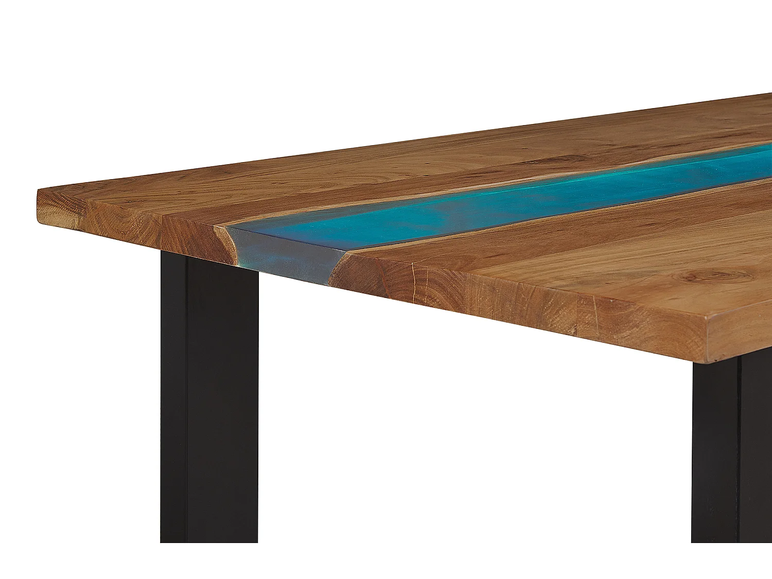 Table à manger en bois avec résine époxy bleue et pieds noirs 160 x 90 cm RIVIERE