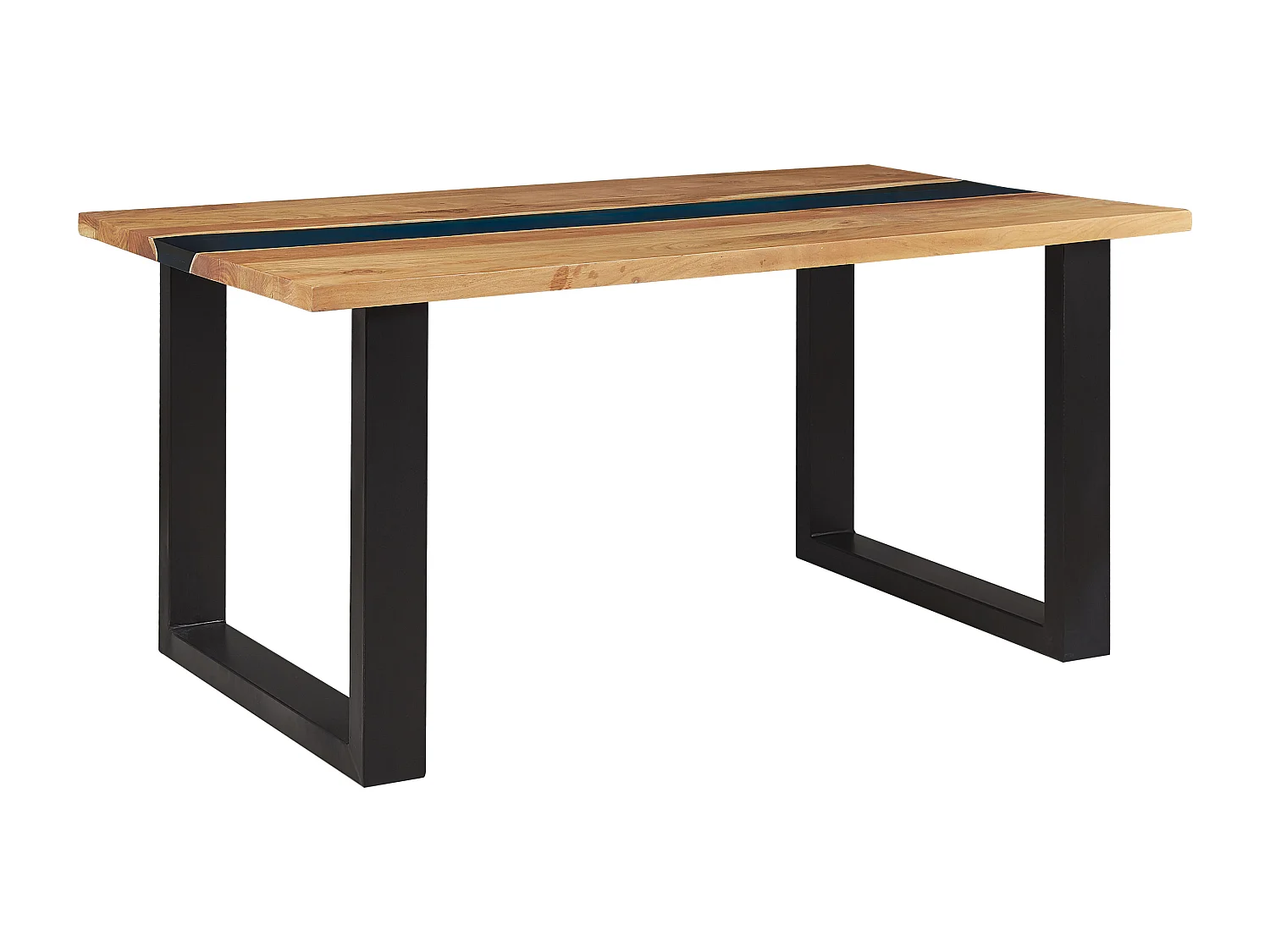 Table à manger en bois avec résine époxy bleue et pieds noirs 160 x 90 cm RIVIERE