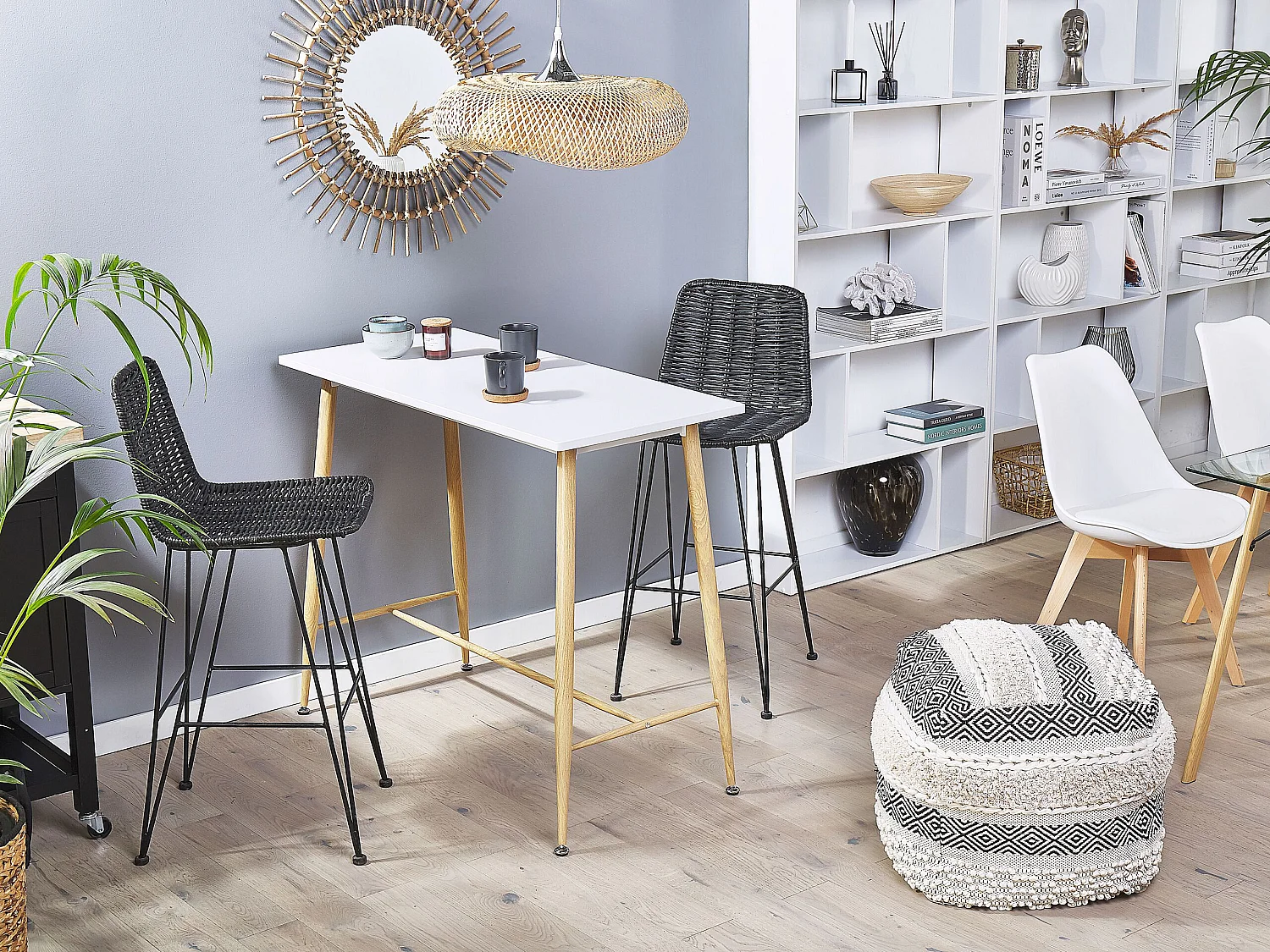 Hochtisch Weiß für 4 Personen Metallgestell Holzoptik 90x50 Modern Chaves