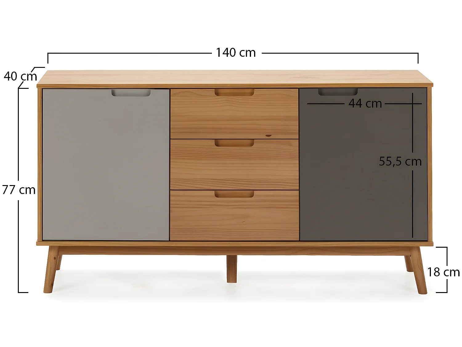 Buffet Bruce 3 tiroirs et 2 portes , bois massif, 140 cm Largeur