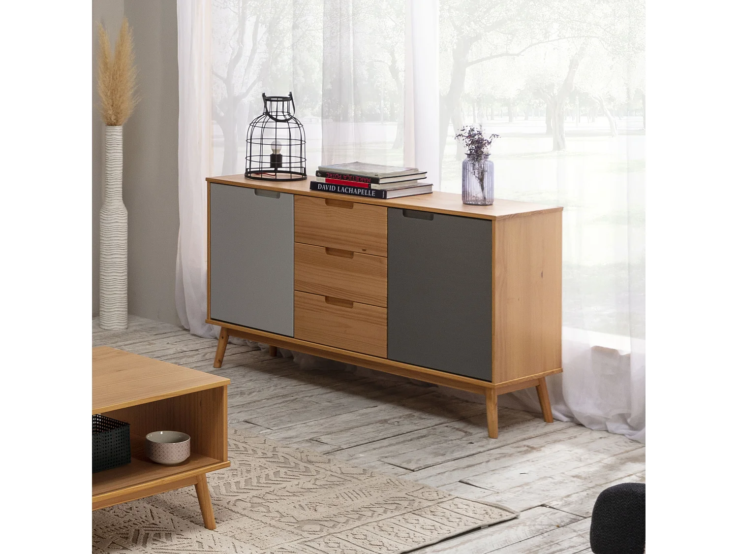 Buffet Bruce 3 tiroirs et 2 portes , bois massif, 140 cm Largeur