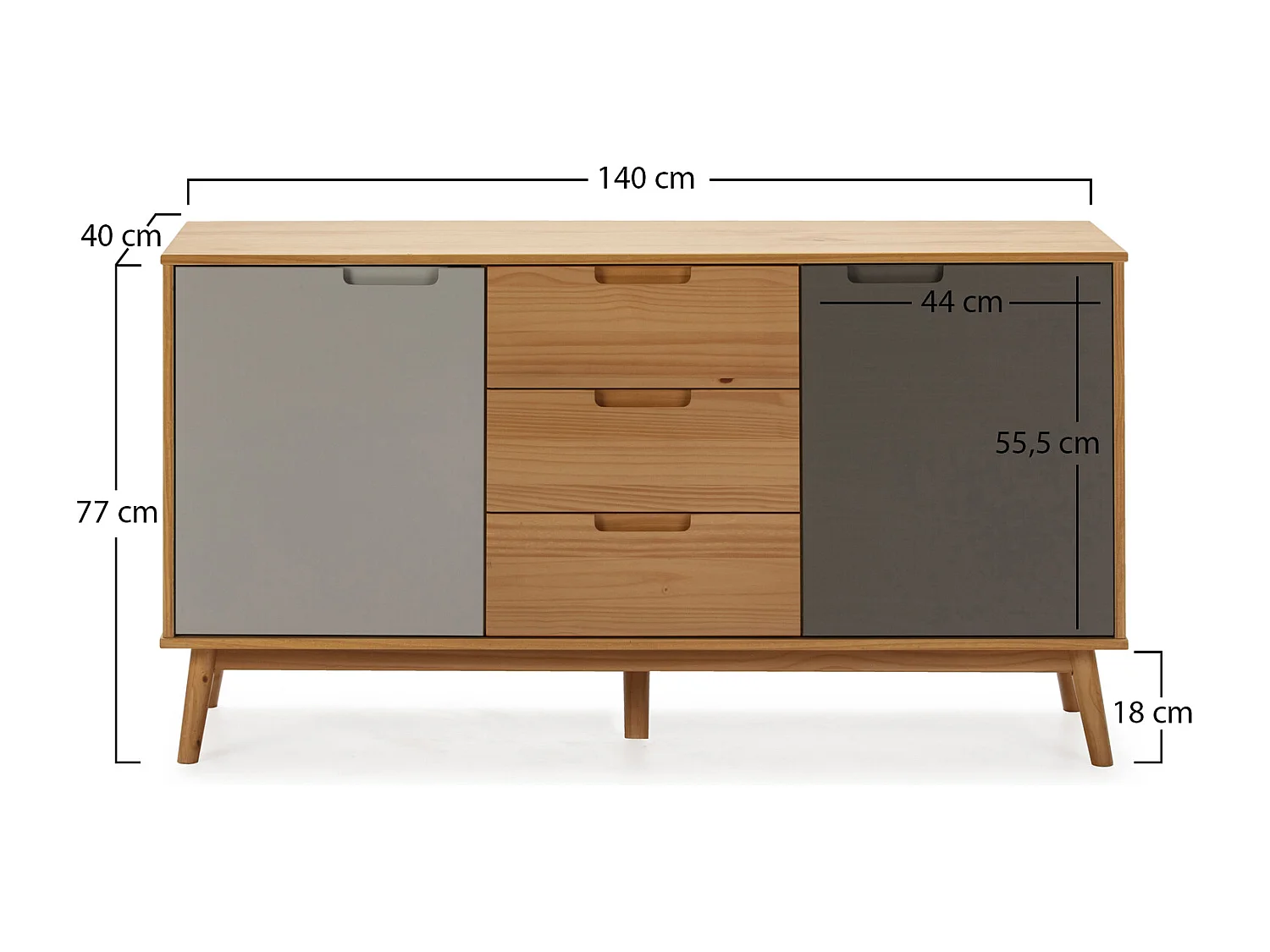Buffet Bruce 3 tiroirs et 2 portes , bois massif, 140 cm Largeur