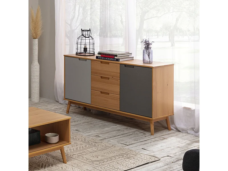 Buffet Bruce 3 tiroirs et 2 portes , bois massif, 140 cm Largeur
