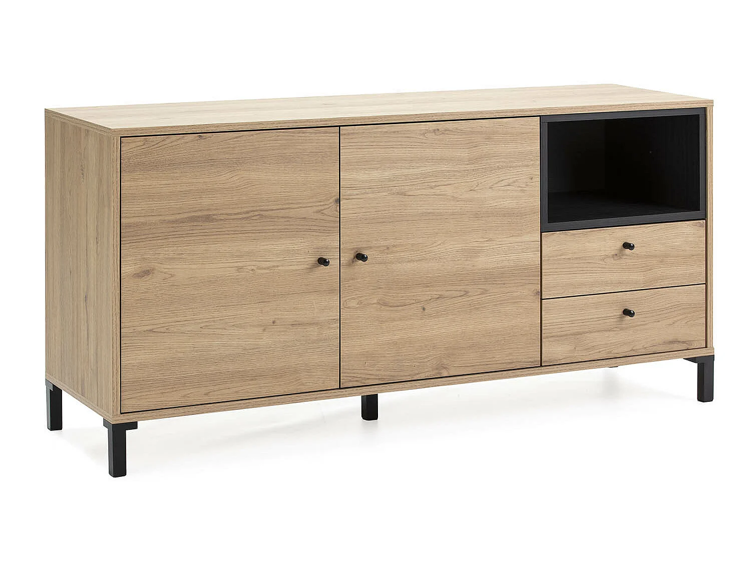 Buffet Bas Javea 2 tiroirs, 2 Portes et 1 Niche, Couleur Bois/Noir, 136,5 cm Largeur