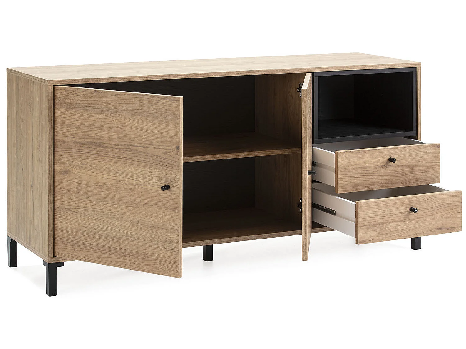 Buffet Bas Javea 2 tiroirs, 2 Portes et 1 Niche, Couleur Bois/Noir, 136,5 cm Largeur
