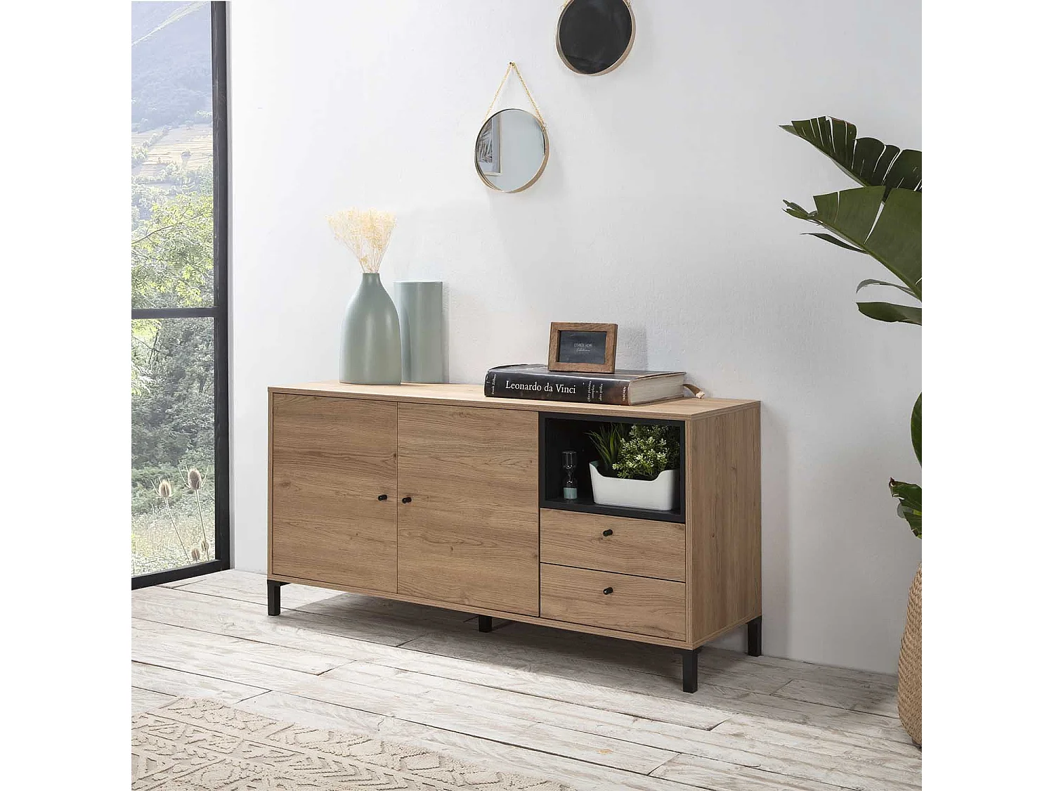 Buffet Bas Javea 2 tiroirs, 2 Portes et 1 Niche, Couleur Bois/Noir, 136,5 cm Largeur