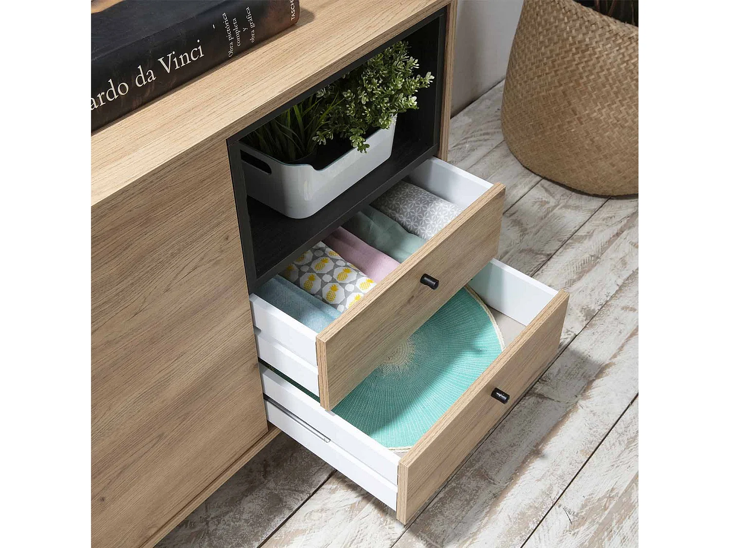 Buffet Bas Javea 2 tiroirs, 2 Portes et 1 Niche, Couleur Bois/Noir, 136,5 cm Largeur