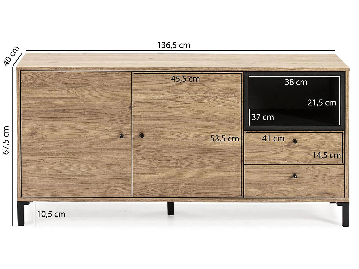 Buffet Bas Javea 2 tiroirs, 2 Portes et 1 Niche, Couleur Bois/Noir, 136,5 cm Largeur