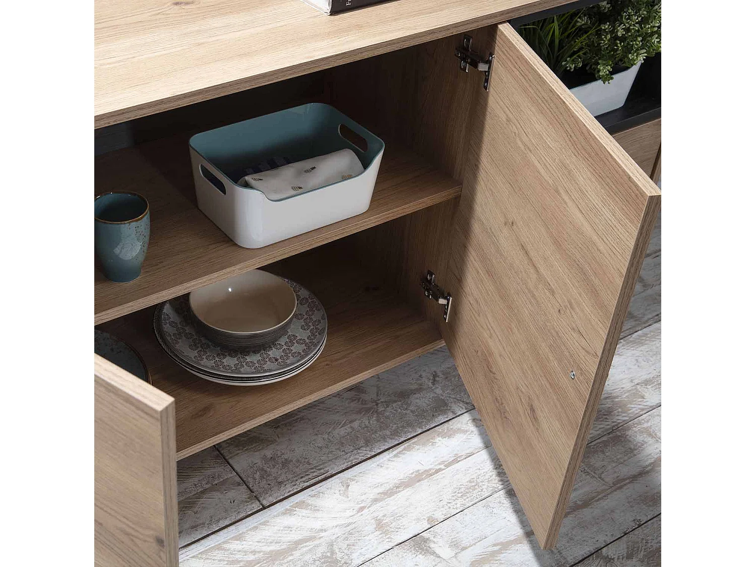 Buffet Bas Javea 2 tiroirs, 2 Portes et 1 Niche, Couleur Bois/Noir, 136,5 cm Largeur