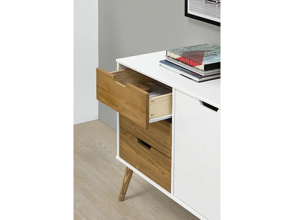Buffet Commode Java 3 tiroir y 2 Porte Blanc, glissières métalliques, Longueur 140 cm