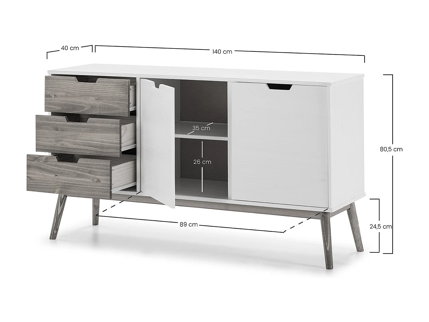 Buffet Commode Java 3 tiroir y 2 Porte Blanc, glissières métalliques, Longueur 140 cm