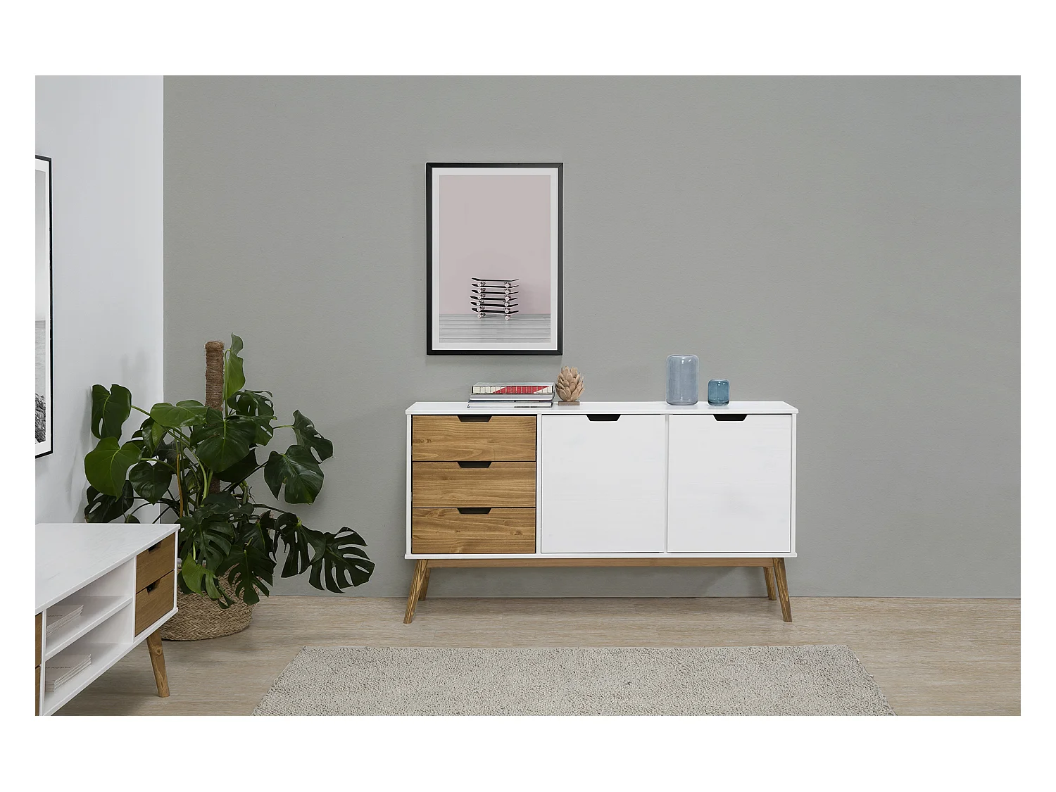 Buffet Commode Java 3 tiroir y 2 Porte Blanc, glissières métalliques, Longueur 140 cm