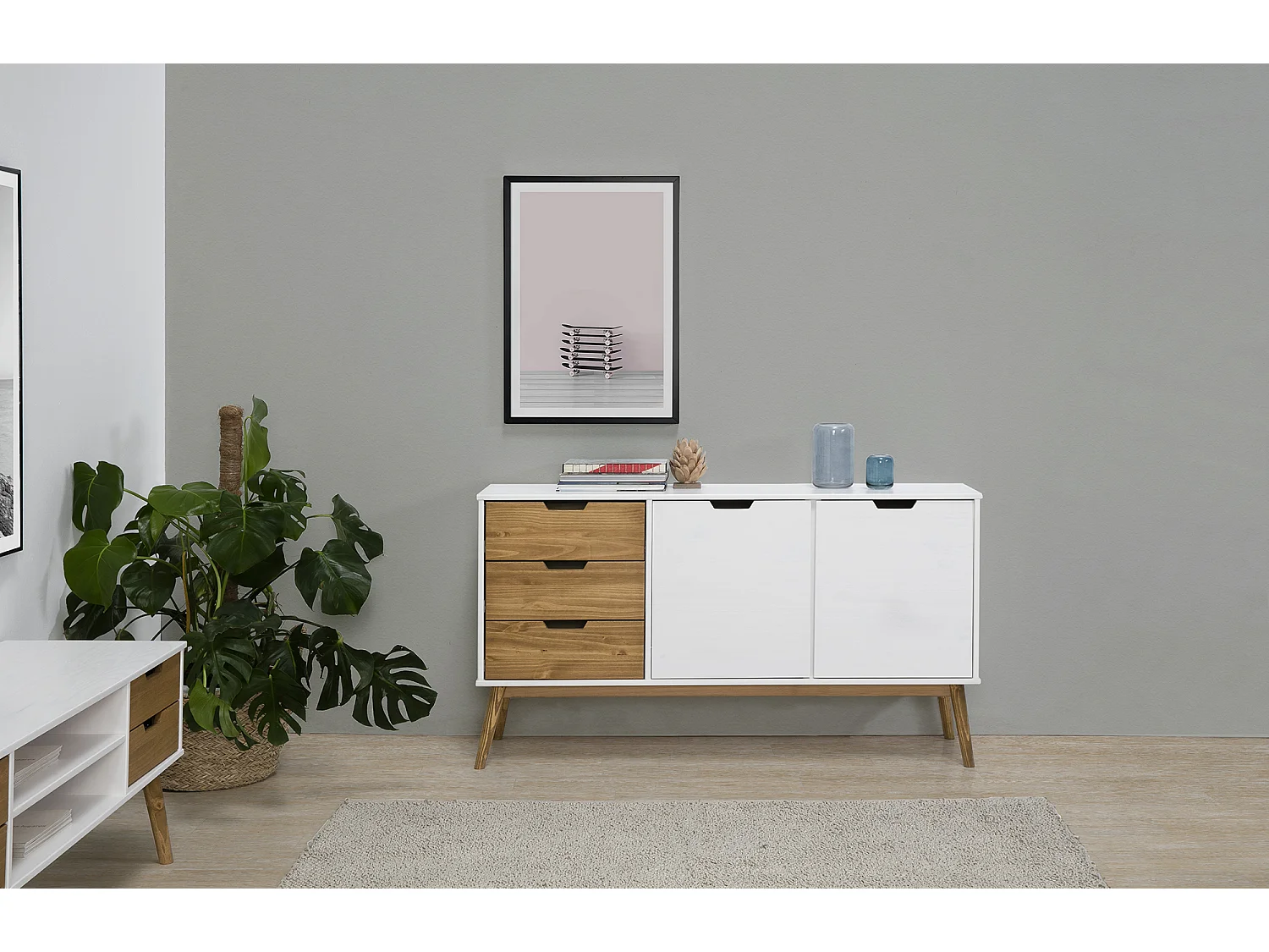 Buffet Commode Java 3 tiroir y 2 Porte Blanc, glissières métalliques, Longueur 140 cm