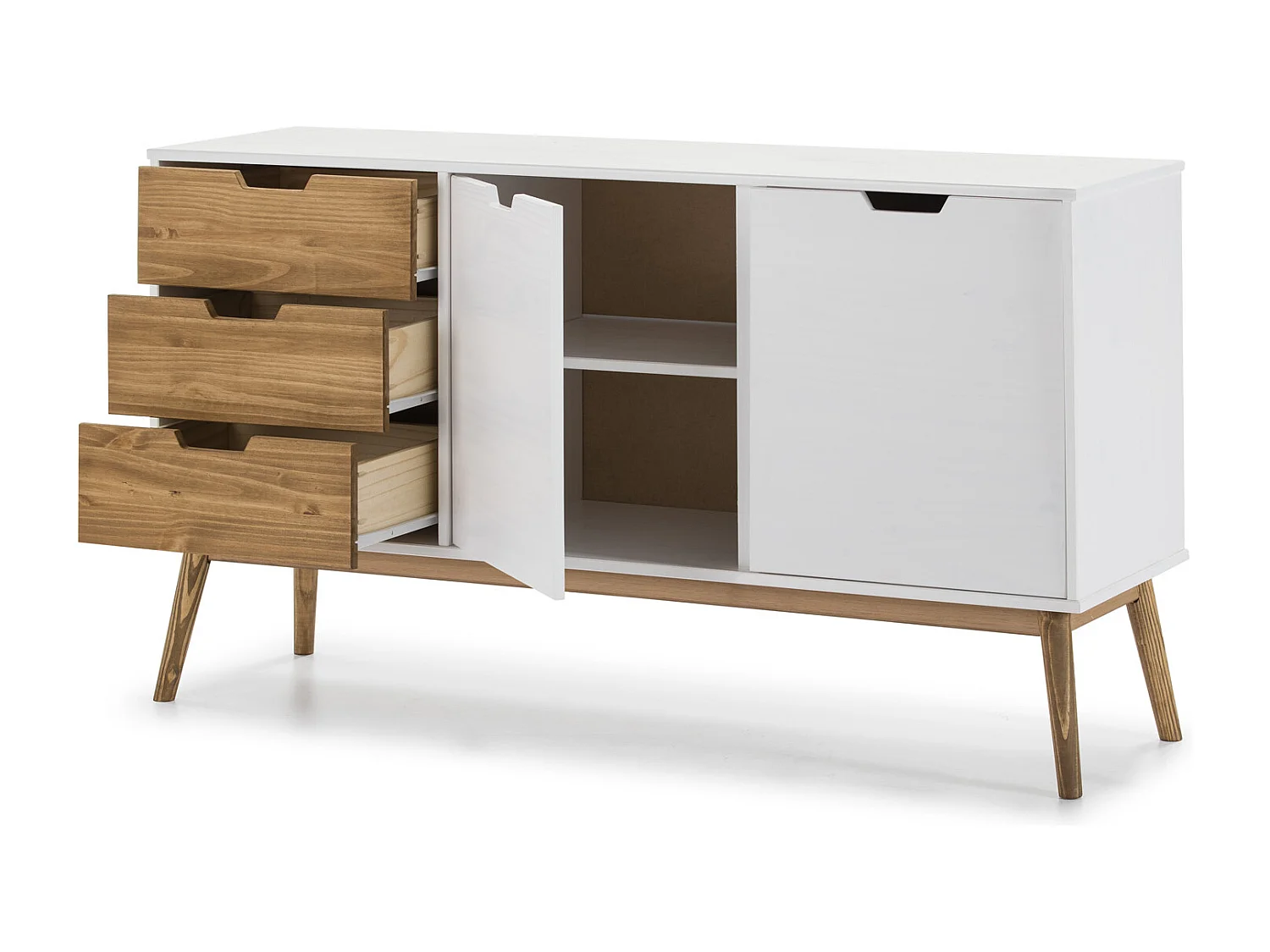 Buffet Commode Java 3 tiroir y 2 Porte Blanc, glissières métalliques, Longueur 140 cm