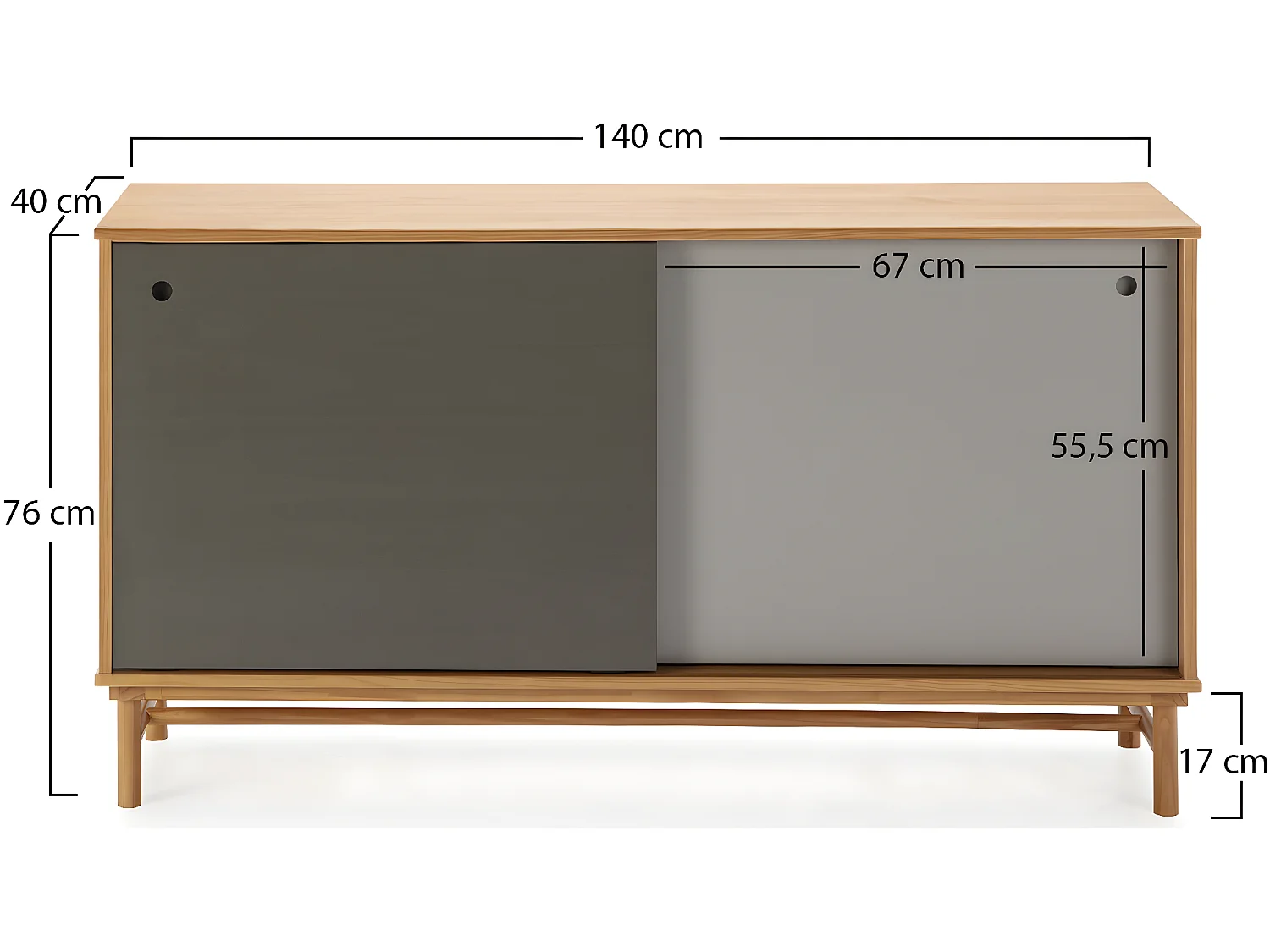 Buffet Magnus 2 portes coulissantes couleur Gris, bois massif, 140 cm Largeur