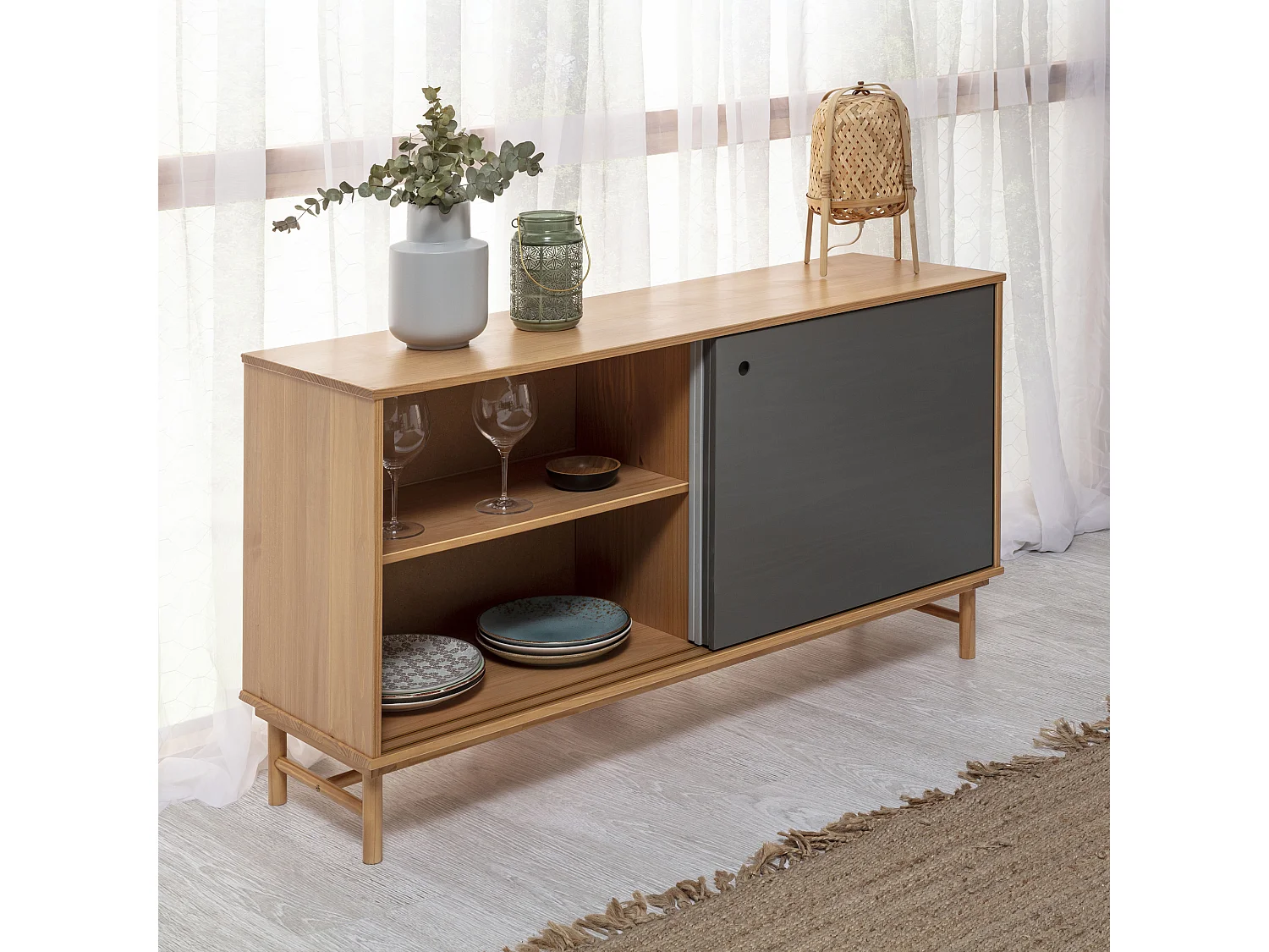 Buffet Magnus 2 portes coulissantes couleur Gris, bois massif, 140 cm Largeur